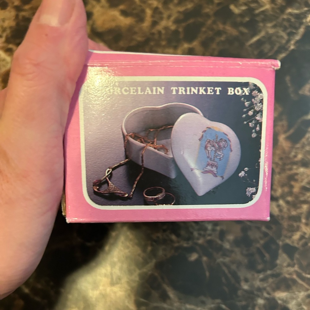 White heart shaped Porcelain Trinket Box featuring carousel horse design